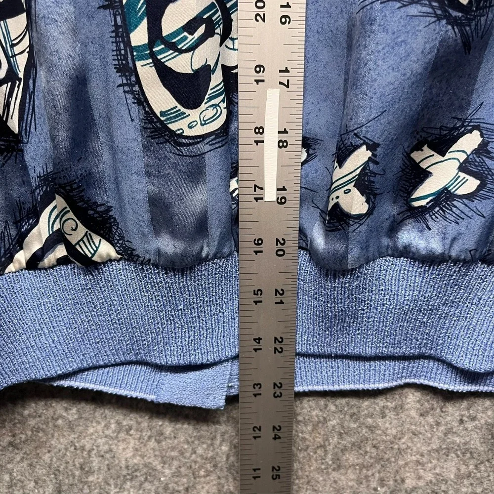 St John Collection Knit Cardigan Womens M Blue Abstract Silk‎ Lining & Scarf VTG